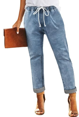 Sweezarmo Women's Pull On Solid Color Jeans Drawstring Elastic Waist Denim Stretch Joggers Blue Small