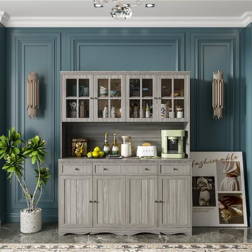 PREMTURE Küchenschrank mit 8 Türen, Küchenbuffet mit 4 Schuladen, Küchenschränke mit große Arbeitsplatte,Buffetschrank mit Verstellbaren Einlegeböden für Esszimmer, Küche, MDF, 140 * 45 * 180M