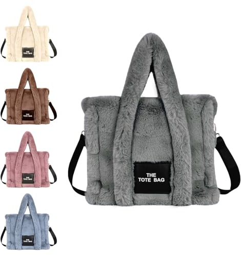 Aucuu plysch tygväska för kvinnor flicka, fluffig handväska mjuk crossbody väska justerbar axelrem stor kapacitet för shopping skola resa arbete, Mörkgrått, Medium