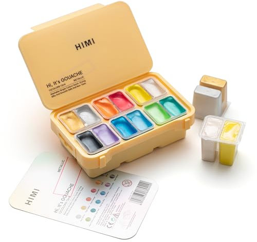 HIMI Gouache Paints Set 12 Colors 12ml Metallic Gouache Paint Jelly Cup Design, Non Toxic Paint for Canvas and Paper, Art Supplies for Professionals and Beginner