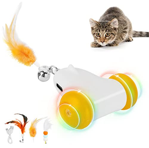 HAPPY HACHI Jouet Interactif pour Chat, 2 Vitesses Réglables, Mouvement Irrégulier USB Rechargeable Jouet Chat Interieur, avec Lumière LED Colorée, stimule l'instinct de Chasse, avec 3 Plumes