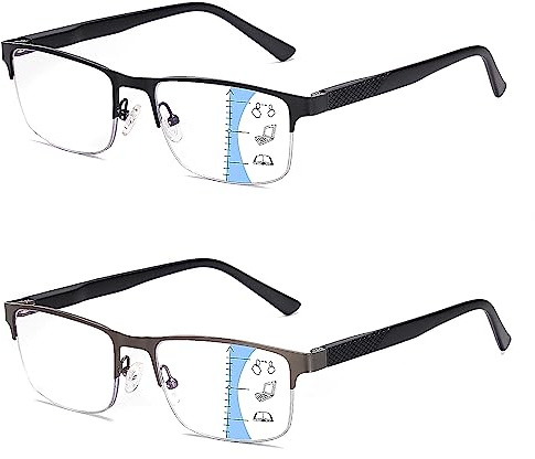 Missfive 2er Pack Metall Nahbereichs-Gleitsichtbrille Herren, Hochwertige Gleitsicht Lesebrille, Halbrahmen Progressive Multifokale brille Mit Federscharniere, Nähe-Mittlere Entfernung, 2.5x