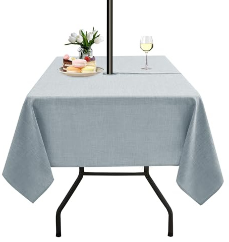 LUSHVIDA Outdoor Tablecloth with Umbrella Hole - Patio Table Cloth Zippered Square 60x60 Inch, Light Gray Faux Linen Table Cover Water Resistant for Picnic Outside