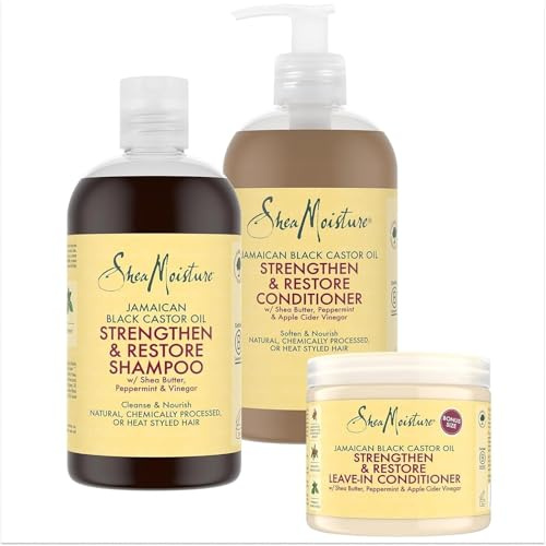 SheaMoisture Set - Olio di ricino nero giamaicano set per la cura dei capelli Shampoo 1x 384 ml, Balsamo 1x 384 ml, Balsamo Leave-In 1x 431 ml