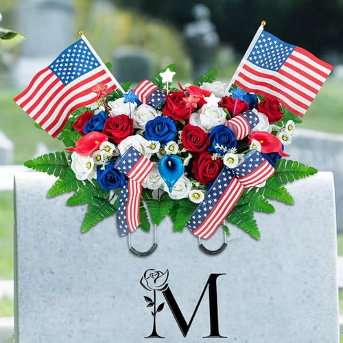 Memobloom Memorial Day Decorations for Cemetery: Patriotic Red White Blue Headstone Flower Saddle - Outdoor Artificial Velet Roses Cemetery Flowers for Grave with Flags for 250th Birthday of America