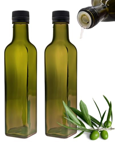 mikken Lot de 2 bouteilles d'huile de 250 ml avec bec verseur, vert/marron, distributeur d'huile avec étiquettes