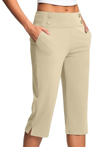 Capri Trousers for Women UK Elastic Waist Summer Pants with Pockets Stretch Straight Leg 3/4 Leggings Knee Length Shorts Ladies Cropped Bottoms Lightweight Golf Work Yoga Pants Plus Size