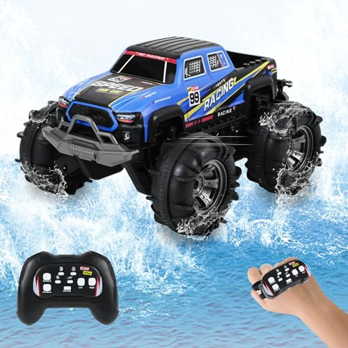 PATEMZON Amphibisches Ferngesteuertes Auto, 4WD Ferngesteuerter Monstertruck 2 Steuerungsmodi, 2.4G Fernbedienung/Armbanduhr, 360° Drift, All Terrain, Sand, Wasser & Gelände für 3+ Kinder (Blau)