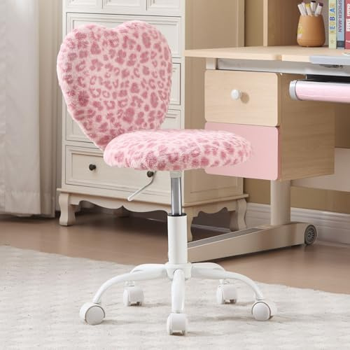 chairus Enfant Chaise d'Etude en Fausse Fourrure Hauteur Réglable Chaise Pivotante de Bureau avec Dossier en Forme de Cœur(Motif Léopard Rose)