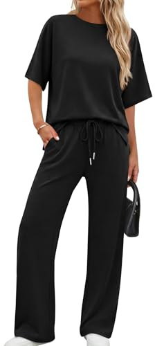XIEERDUO Two Piece Outfits for Women 2 PC Lounge Sets Summer Wide Leg Tracksuits Spring Short Sleeve Loungewear Travel Track Suit Airport Sweatsuits Vacation Clothes Matching Clothing Black S