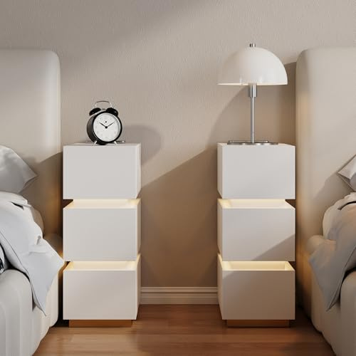 Homary Narrow Bedside Table Lumio 3-Drawer LED Smart White Nightstand, with Bedside Drawers, Built-In LED Light, USB/Type-C/Wireless Charging, Set of 2 Narrow Nightstands