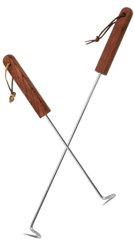 Alasum 2 Pezzi Gancio per Carne in Acciaio Inossidabile Manico in Legno Pinza per Alimenti Resistente e Gancio per Barbecue Portatile per Cucina All’Aperto e Picnic