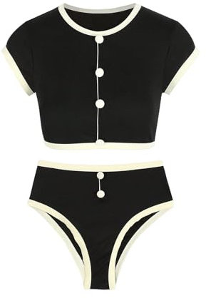 RoseSeek Women's Two Piece Button Front Tankini Set Contrast Binding Bathing Suit High Waist Swimsuits Black Medium