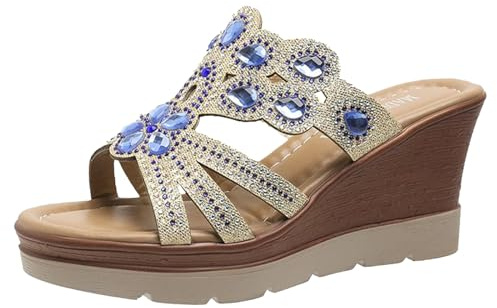 Damer högklackade sandaler kristall dekoration pantoletter mode kvällssko elegant dam kilklack