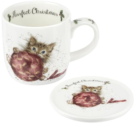 Royal Worcester Purrfect julmugg och underlägg set – 325 ml fint ben Kina semestermugg set med skogsvarelser – wrendale designs jul kaffemuggar, mikrovågsugn och diskmaskin säker