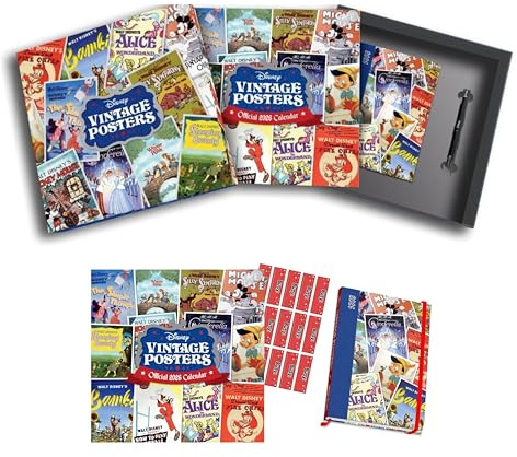 Disney Calendar 2026 Vintage Posters Gift Box 2026 Calendar Diary & Pen Gift set with Free Organisational stickers Included
