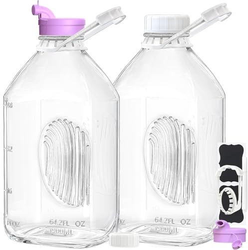 2 Pack 64 Oz Heavy Duty Glass Milk Bottle with 1 Silicone Spout and 3 Reusable Airtight SCREW LID, 2 Qt Glass Water Bottle with 2 Exact Scale Lines - Milk Jug Pitcher - 1/2 Gal Juice Bottles
