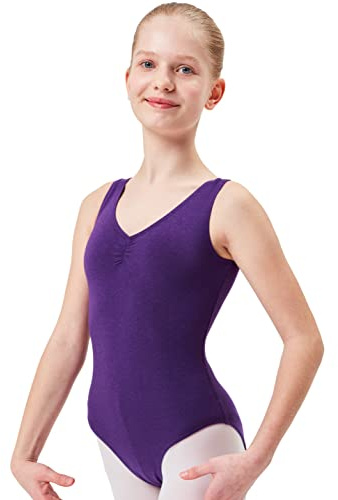 tanzmuster Ballett Trikot Mädchen ärmellos - Mona - Baumwolle - Lila 128/134 - geraffter Ausschnitt - Tanz Body - Ballettkleidung für Kinder