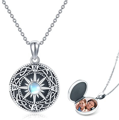 REDSUN Kompass Medaillon Halskette 925 Sterling Silber Kompass Mondstein Kette Foto Medaillon Amulett Medallion mit Foto Kompass Schmuck für Herren Sohn Jungen Damen Geschenke