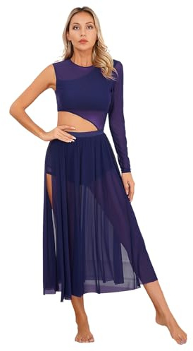 ranrann Femme Robe Danse Classique Manches Asymétrique Robe Danse Latine Salsa Salon Rumba Justaucorps Ballet Tenue Danse Contemporaine Dancewear S-XXL