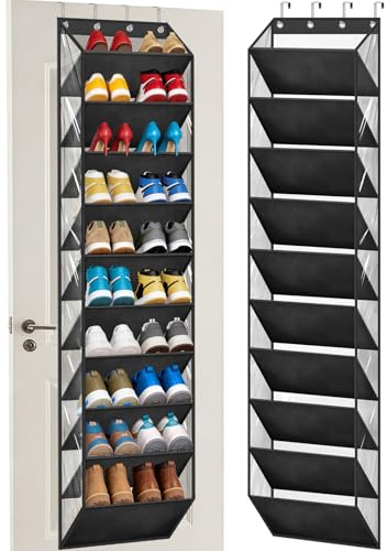 AOODA 10 Tier Clear Over the Door Shoe Organizer Storage, Deep Pockets Large Hanging Shoe Rack for Closet Door, Fit 20 Pairs Shoe Holder Hanger for Sneakers, Boots (Black)