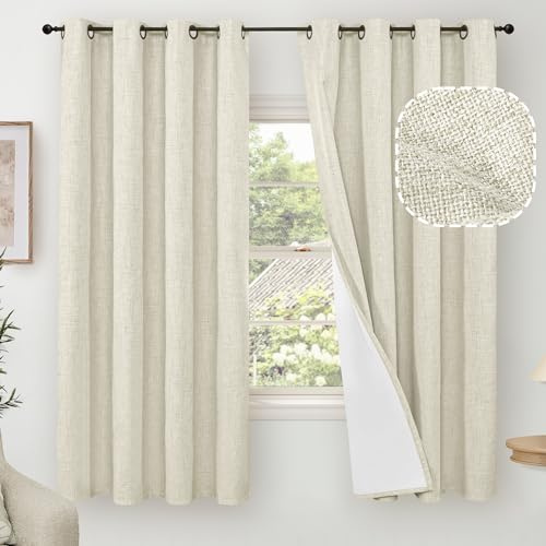 Lajode 100% Blackout Curtains for Bedroom 63 Inch Length 2 Panels, Thermal Insulated Complete Light Blocking Noise Reducing Linen Window Curtains for Nursery, Bronze Grommet, Each 52 Wide, Natural