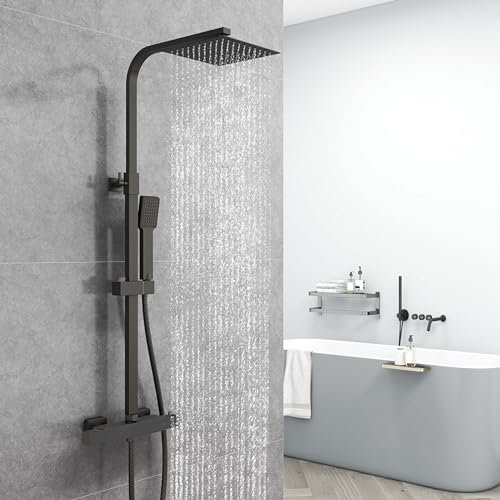 AICA Système de douche thermostatique avec pomme de douche en acier inoxydable 20X20CM, colonne de douche carrée noire, meuble salle de bain,réglable en hauteur 800-1150mm