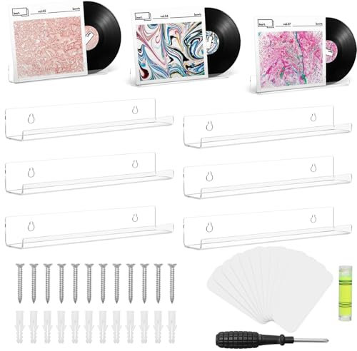 Hängeregale für Schallplatten, 6 Stück 30,5CM Schallplatten Wandhalterung Vinyl Holder, Transparentes Acryl Wandregal für Schallplatten, Foto, Bild im Schlafzimmer, Wohnzimmer, Kinderzimmer