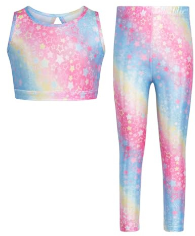 JiAmy Tvådelade gymnastiktrikåer för flickor, glittrande danscyklar med byxor balett tumlande outfit för flicka 3-12 år, Färgglad stjärna, 6-7 Years
