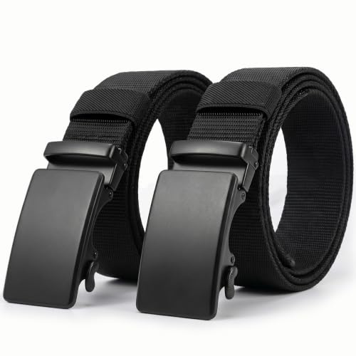 oeeo Cinturón de nailon de 2 unidades, cinturón de trabajo para hombre, cinturón automático con trinquete, sin agujeros, ajustable, para negocios, se adapta a cualquier lugar, Negro , 130 cm