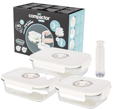 Lot de 3 boîtes sous vide alimentaire en verre avec couvercle hermétique - Pompe manuelle incluse - Dateur intégré - Compatibles micro-ondes et lave-vaisselle - Fraîcheur prolongée