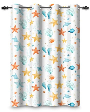 ggaimwf 107x160cm Tenda con occhielli stile nautico Carino Pesci sottomarini Mare Erba Stelle marine Tema oceano Oscurante Tende per finestre Camera da letto per bambini Soggiorno,1 pannello singolo