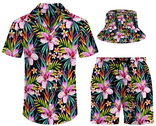 Camisa Hawaiana de Flores para Hombre de 3 Piezas, Traje de Camisa Tropical Aloha, Camisa de Playa y Pantalones Cortos con Sombreros de Pescador.