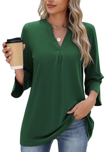 PASUDA Blusa Mujer Elegante Camiseta Manga Larga de Negocios 3/4 Manga Camisas Cuello en V Rayas Sólido Túnica Moda Casual Trabajo Túnica Verano Tops Otoño T Shirts(Verde Oscuro,M)