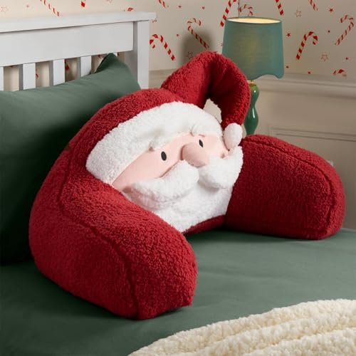 OHS Santa Cuddle Cushion, Christmas Reading Pillow for Kids Soft Cosy Teddy Fleece Snuggle Cushion Backrest Pillow with Arms Gaming Cushions for Boys Girls, Red - 45 x 40 x 30cm