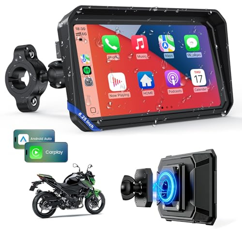 WonVon 6.25 Pulgadas CarPlay para Motocicleta Sistema de Navegación GPS con Apple CarPlay y Android Auto Pantalla Portátil con Doble Bluetooth, Navegación, Siri, Asistente de Google Soporte magnética