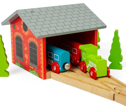 Bigjigs Rail Double Engine Wooden Shed | Red Model Garage for Parking Train Toy | Accessories for Wood Railway Track Expansion | Ideal as Gifts for Kids Age 3+| Educational Tool for Young Children