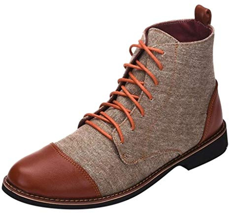 Susenstone Boots Homme Cuir Mode Pas Cher Grand Taille à Talon Plates Bottes A Lacets Automne Hiver AntidéRapant Vintage Hautes Chaussure De Travail