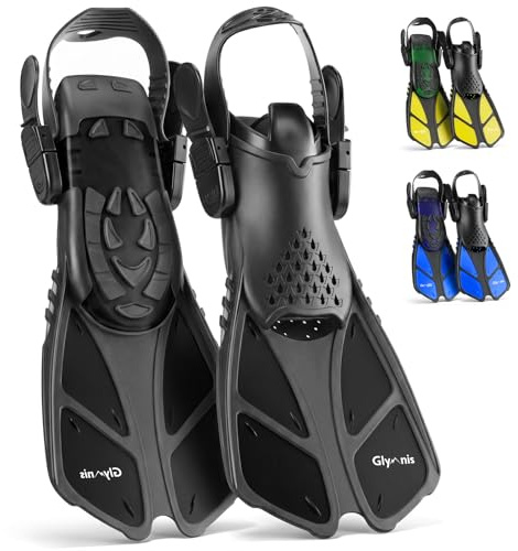 Glymnis Aletas de buceo ajustables para adultos y niños, aletas cortas de buceo para buceo, natación, snorkel (negro, ML/XL)