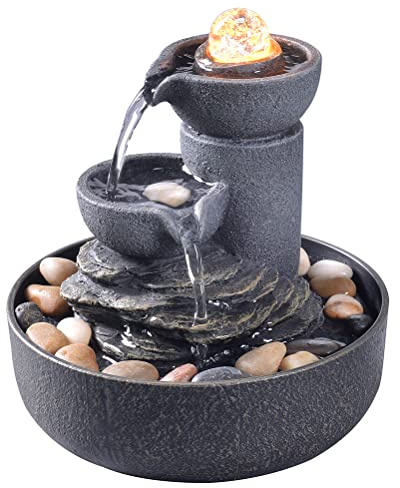 GOSSI Tabletop Water Fountain 2-Tier Indoor Waterfall Fountain with LED Light, Cobblestone & Glass Rolling Ball, Soothing Meditation Sounds for Office & Home Decor