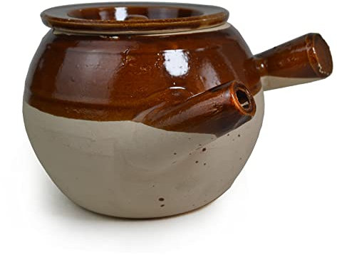 Casseruola in terracotta, resistente al calore, realizzata a mano, con coperchio, beccuccio per zuppa, 1800 ml, semi-marrone