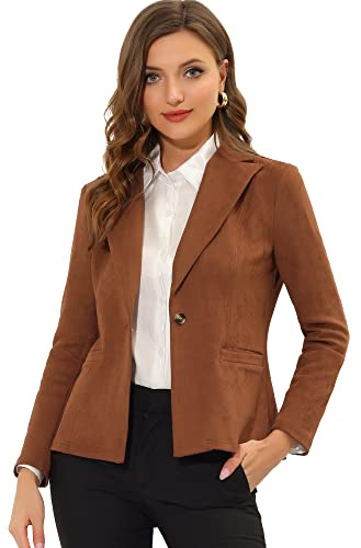Allegra K Veste en faux daim pour femmes avec col à revers, une fermeture boutonnée, élégante veste de costume, caramel, 36
