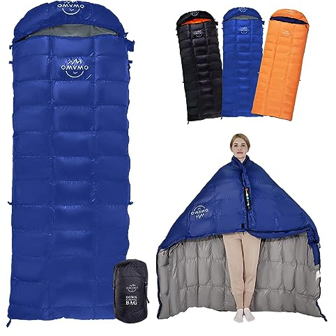 OMVMO 15 Degrees F 650 Fill Power Down Sleeping Bag for Adults, Lightweight 4 Season Envelope Rectangle Down Sleeping Bag for Backpacking Camping,Dark Blue Right-Zipper Regular