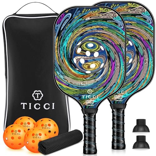 TICCI Pickleball Paddel, USAPA Approved Premium Graphit Pickleball Set von 2 Schlägern mit 4 Bällen & 2 Ball Retriever, Tragbare Tragetasche für Anfänger und Profispieler (Vortex 4)