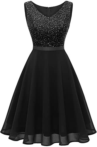 Dressystar Damen Pailletten Cocktailkleid V-Ausschnitt Jugendweihe Kleider Glitzer Festliche Abschlusskleid Partykleid Schwarz M