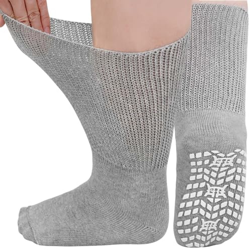 LOFIR Calze Uomo Cotone Diabetici: Calzini Senza Elastico Donna Antiscivolo Senza Cuciture Calze Diabetici Calzini Uomo Extra Larghi per caviglie Piedi Gonfi Grigio 39-46 3 Paia
