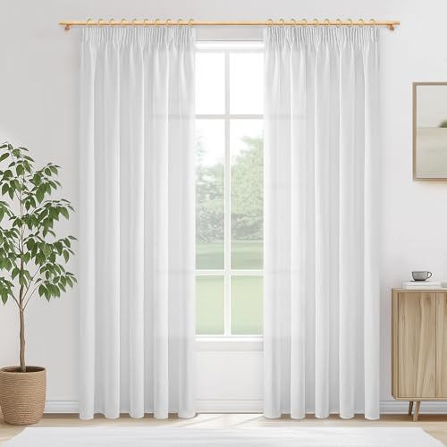 MRTREES Cortinas Dormitorio Matrimonio Lino Blancas Translucidas Cortinas para Rieles con Ganchos Salon 2 Piezas Cortina Visillo para Ventana Habitacion Juvenil Comedor, 140x225 CM