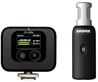 Shure MoveMic 88+ Drahtloses Mikrofonset - Professioneller Audio-Recorder für Film-/Feld-Aufnahmen und Interviews, Stereo-Mikro 4 Richtcharakteristiken | Kompatibel mit iOS/Android über Motiv App
