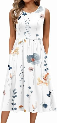 Dam sommarklänning ärmlös rund hals elegant blommig klänning fritidsklänningar A-linje midi tanktoppklänningar klänning med fickor strandklänning
