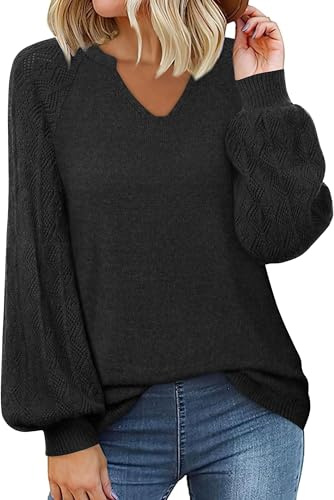 TrendiMax Pull élégant pour Femme Col en V Manches Bouffantes en Tricot Couleur Unie Décontracté Chemisier Manches Longues Doux